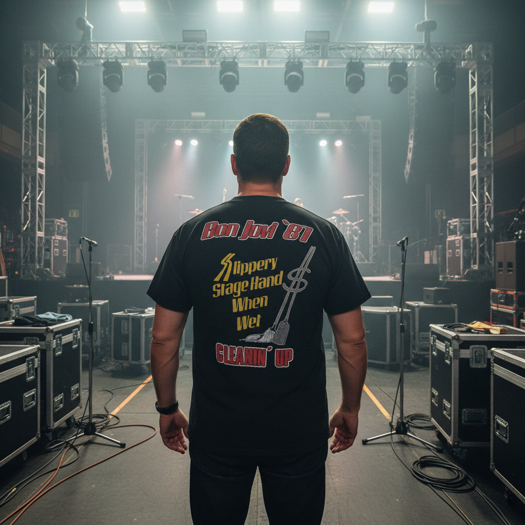 Man wearing Man wearing a black vintage 'Bon Jovi'  crew t-shirt shirt with text and graphics, surrounding by music equipment and lights  (AI illustration for an actual vintage t-shirt).