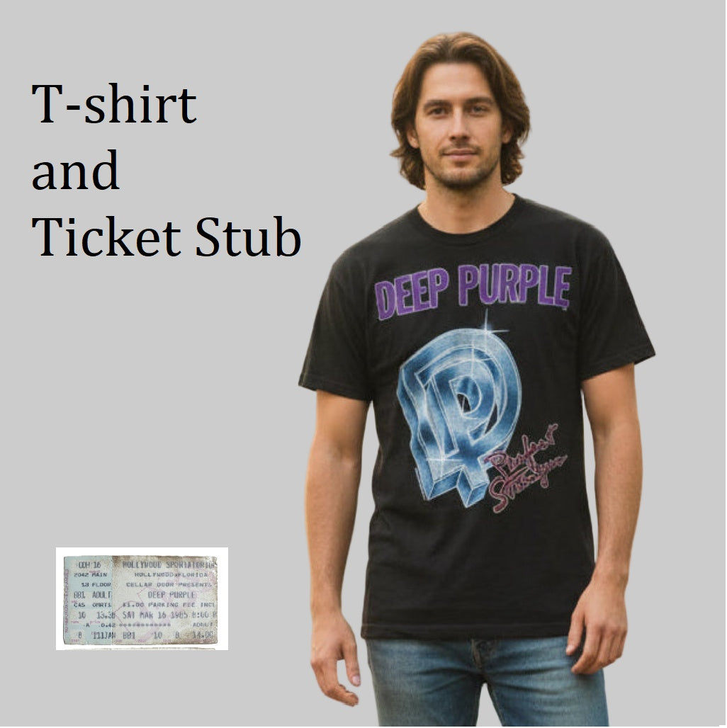 Man wearing a 1985 vintage Deep Purple t-shirt with a ticket stub on a gray background