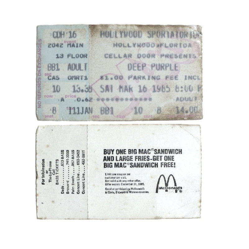 Vintage ticket stub, front and back view, from a Deep Purple concert, 1985.