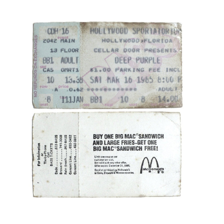 Vintage ticket stub, front and back view, from a Deep Purple concert, 1985.
