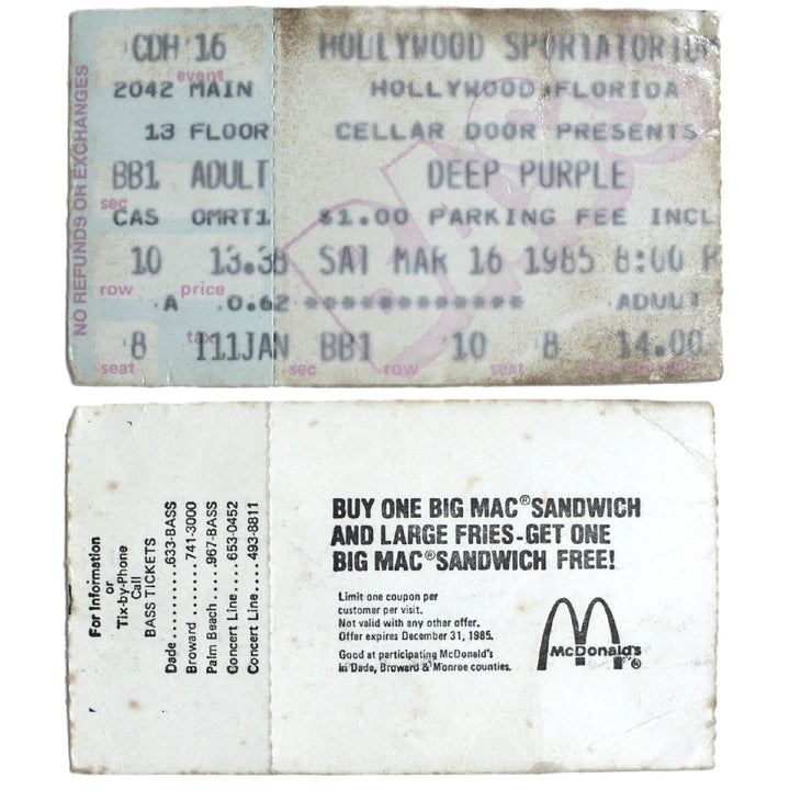 Front and back view of  1985 Deep Purple Perfect Strangers Tour ticket.