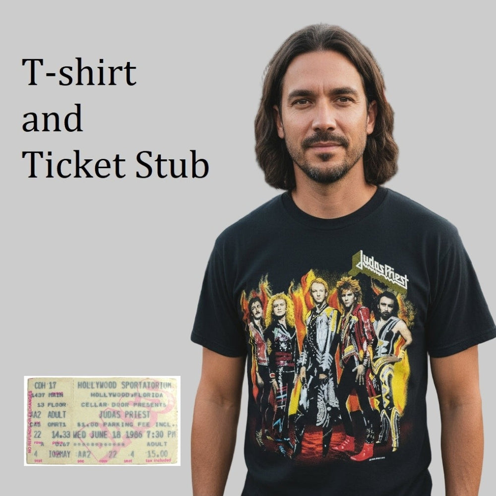 Man wearing a black Vintage 1986 Band T-Shirt & Ticket Judas Priest Fuel For Life band graphic and a ticket stub on a gray background/