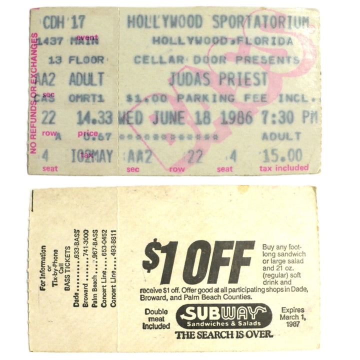 Vintage 1986 Band T-Shirt & Ticket Judas Priest Fuel For Life, ticket stub.