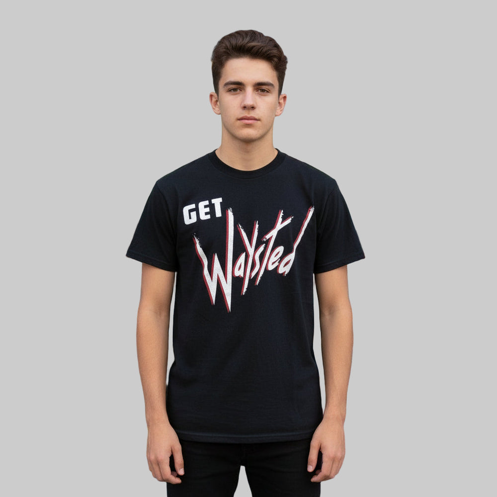 Person wearing a Rare 1984 Vintage Get Waysted North American Tour T-Shirt on a gray background.