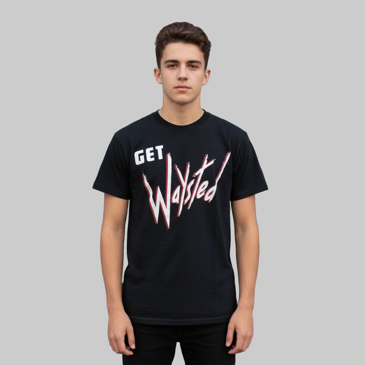 Person wearing a Rare 1984 Vintage Get Waysted North American Tour T-Shirt on a gray background.