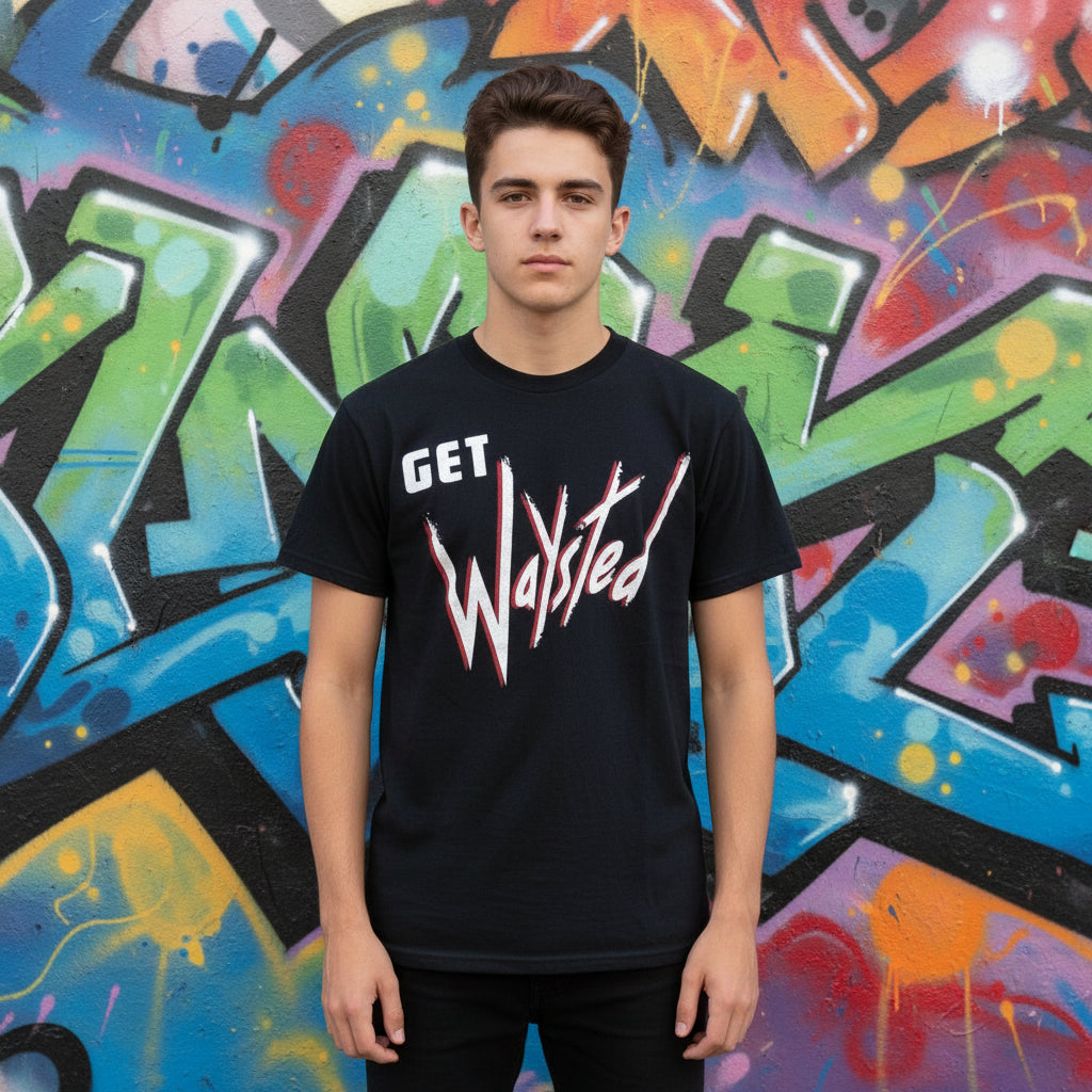 Young man wearing Rare 1984 Vintage Get Waysted North American Tour T-Shirt, back side on graffiti background.
