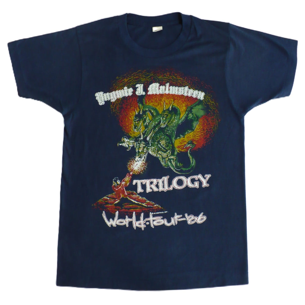 86-87 Vintage Yngwie Malmsteen Trilogy Tour T-Shirt, front view, plain background.