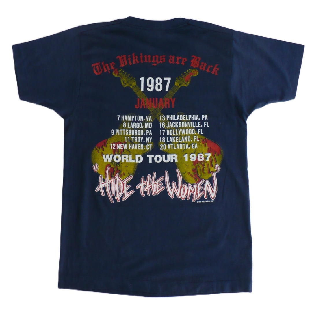 86-87 Vintage Yngwie Malmsteen Trilogy Tour T-Shirt. back view, plain background.