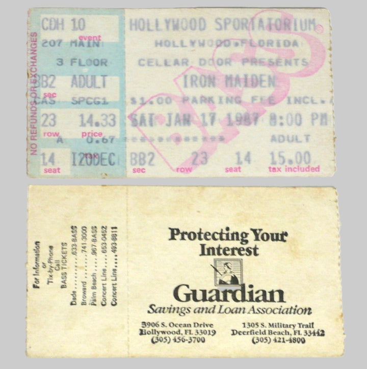 Vintage concert ticket for Iron Maiden at Hollywood Sportatorium with 'Guardian' savings and loan association advertisement.