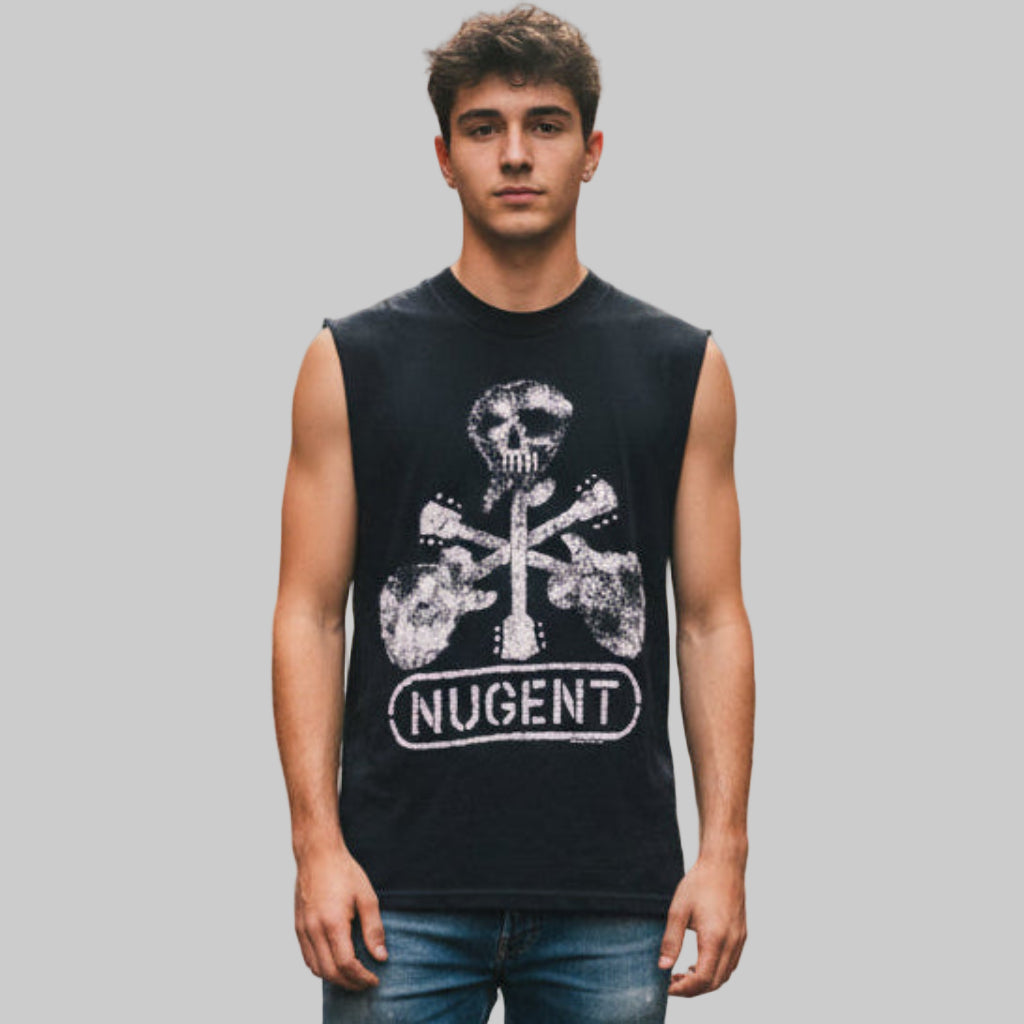 Young man wearing a black vintage sleeveless shirt with a graphic design and text on a gray background.