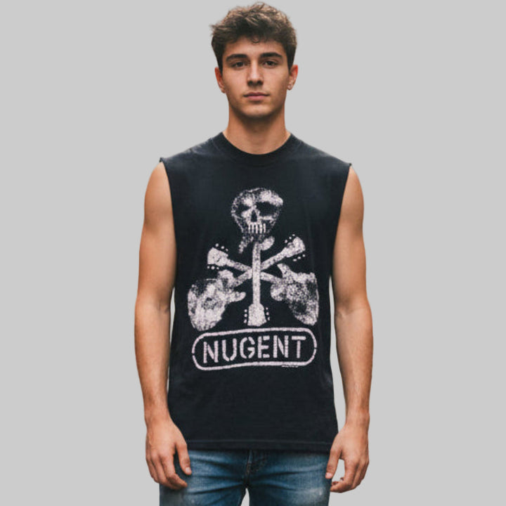 Young man wearing a black vintage sleeveless shirt with a graphic design and text on a gray background.