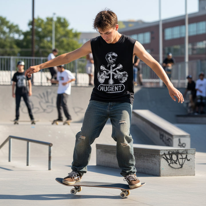 Vintage black vintage sleeveless shirt with skull and crossbones design and 'Nugent' text on a young man skateboarding.