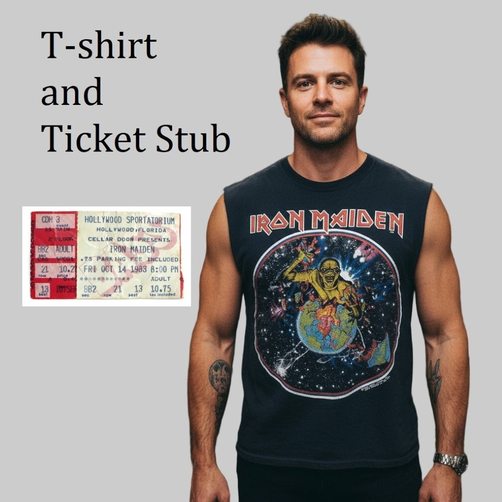 Man wearing a vintage Iron Maiden t-shirt with a ticket stub on a gray background.