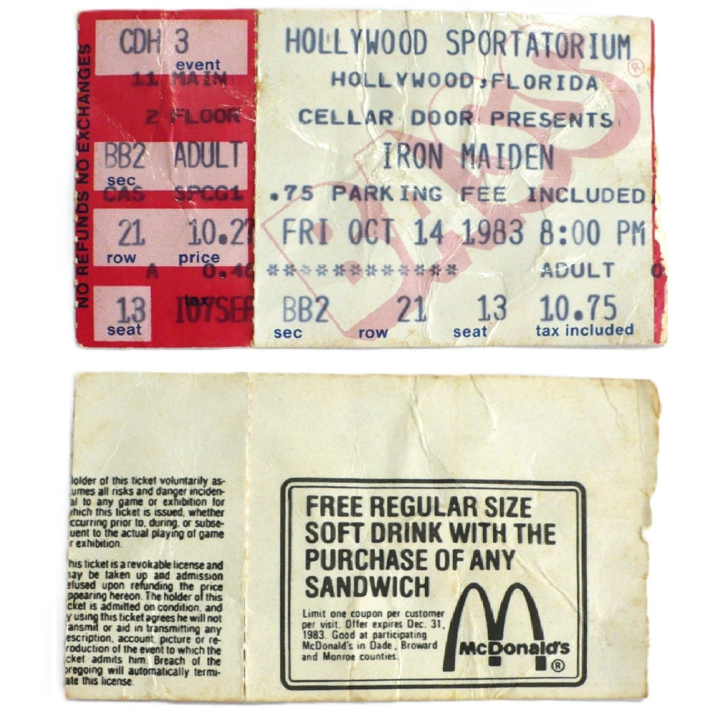 Iron Maiden World Piece Tour Ticket Stub 1983 front and back.