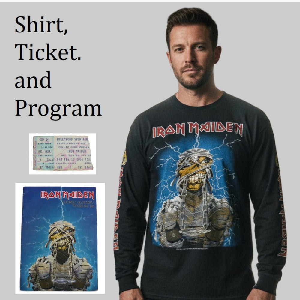 Man wearing an Iron Maiden long-sleeve shirt with a mummy design, next to text 'Shirt, Ticket, and Program'.