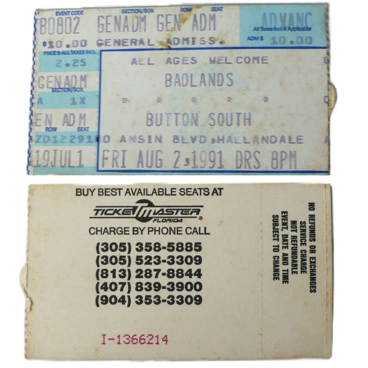 Kik Tracee No Rules  Badlands Ticket 1991 front and bak.