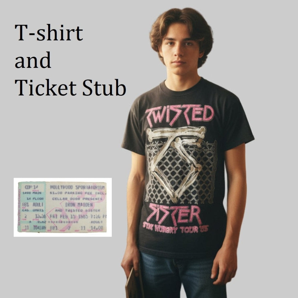 Young man wearing Vintage 1984/85 Twisted Sister Stay Hungry Tour T-Shirt and ticket stub on plain background.
