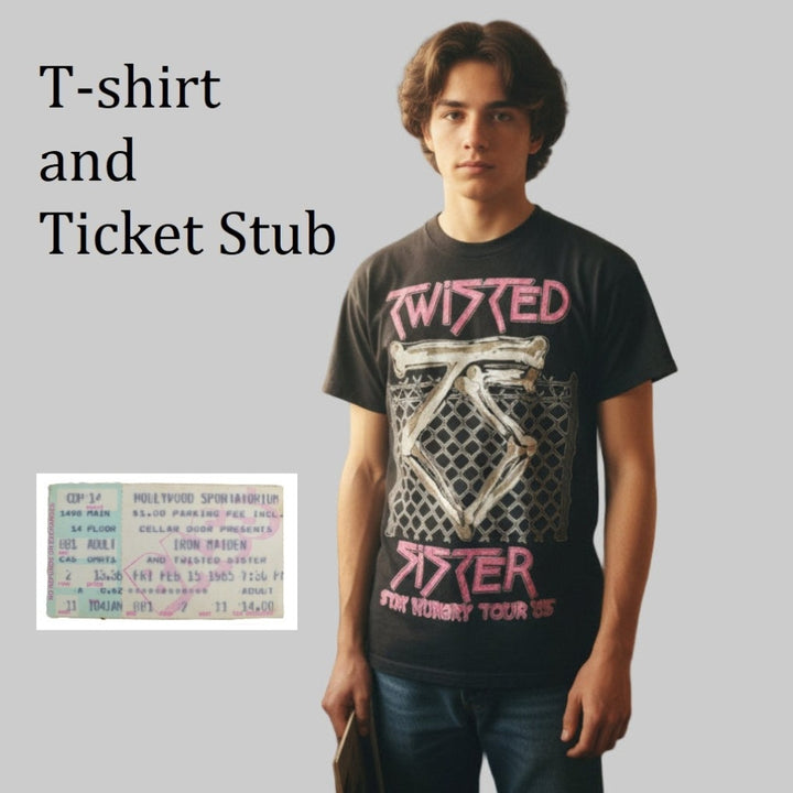 Young man wearing Vintage 1984/85 Twisted Sister Stay Hungry Tour T-Shirt and ticket stub on plain background.