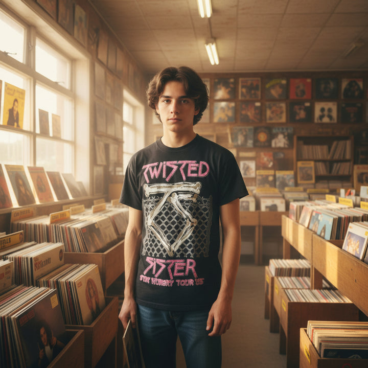 Young man in used record store wearing a Vintage 1984/85 Twisted Sister Stay Hungry Tour T-Shirt .