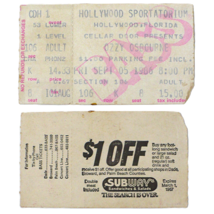 Ozzy Osbourne Ultimate Sin Tour front and back of concert ticket stub.