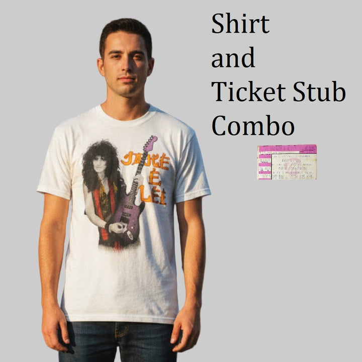 Vintage Jake E. Lee T-shirt on man and Fine Pink Mist Ticket Stub 1994 with plain background.