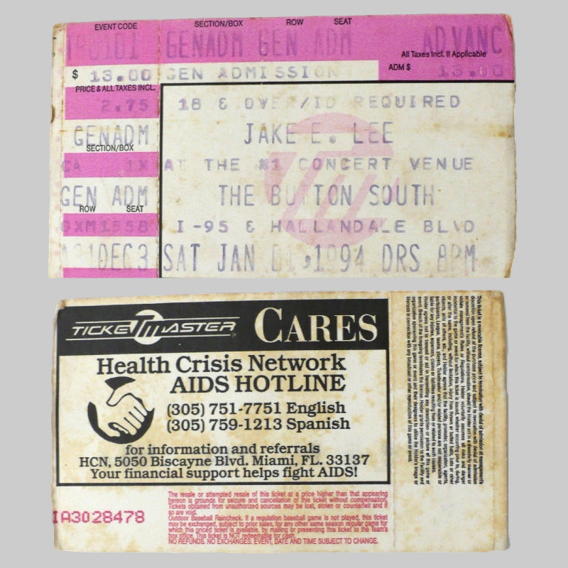 Jake E. Lee Shirt & Fine Pink Mist Tour 1994 Ticket stub front and back views.