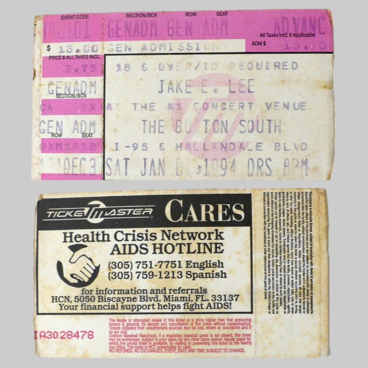 Jake E. Lee Shirt & Fine Pink Mist Tour 1994 Ticket stub front and back views.