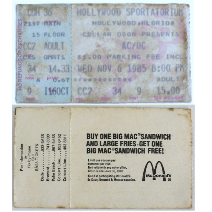 AC/DC Fly on The Wall Tour Shirt & Ticket 1985