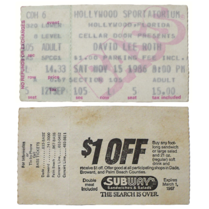 David Lee Roth Eat 'Em & Smile Tour Ticket 1986/87 Front and back.