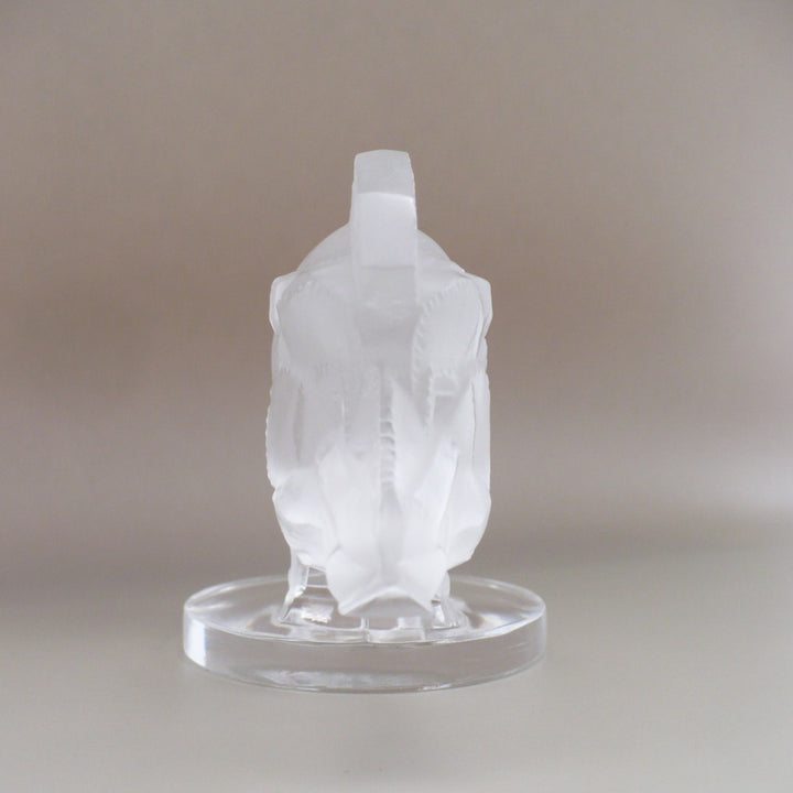 A frosted glass sculpture of Lalique Sanglier Bouchon de Radiateur: Wild Boar Car Mascot, view of front, head on