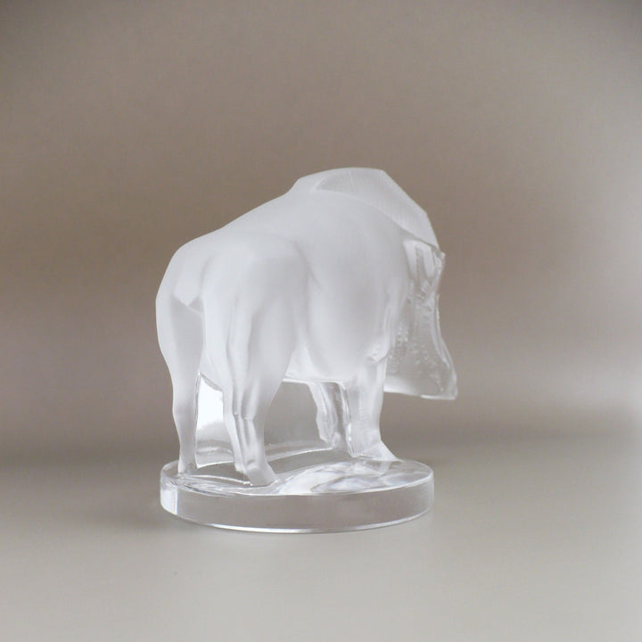 A frosted glass sculpture of Lalique Sanglier Bouchon de Radiateur: Wild Boar Car Mascot, right side view. 3/4 hind view.