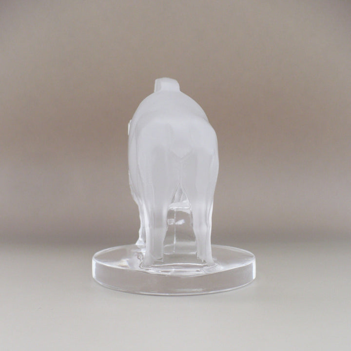 A frosted glass sculpture of Lalique Sanglier Bouchon de Radiateur: Wild Boar Car Mascot, view of back.