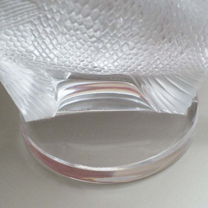 A close-up of a A frosted crystal fish sculpture, Perche Bouchon de Radiateur: Perch Car Mascot,  base from above.