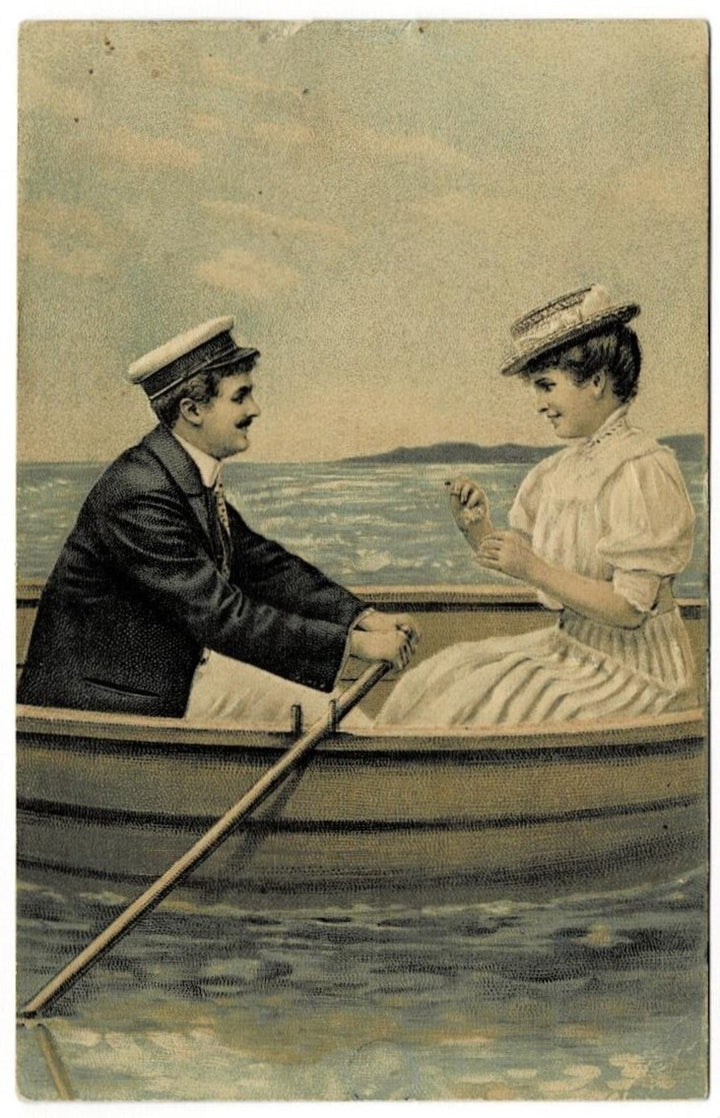 1908 Row Row Romance Boat Ride Vintage Postcard
