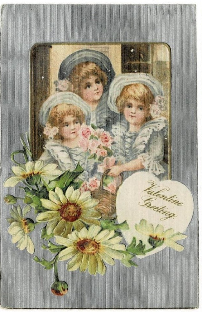 1908 Daisies Maidens Silver Gilded Antique Vintage Valentine Postcard.