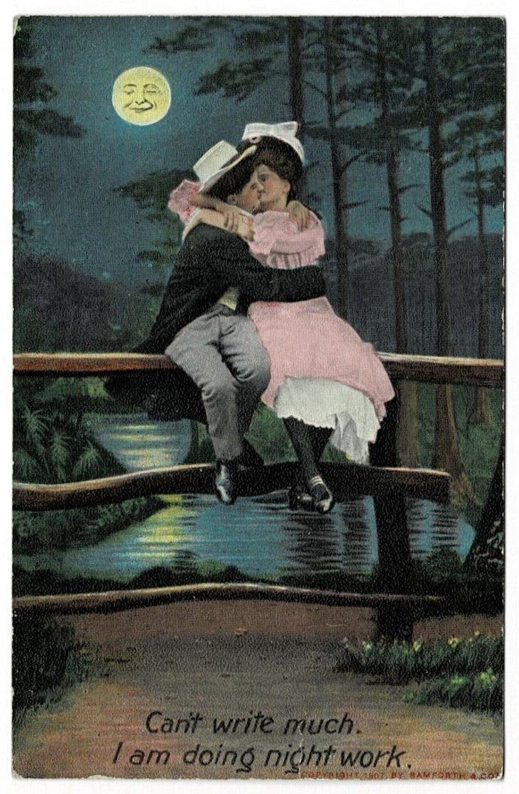 1908 Man on Moon Kissing Vintage Romance Postcard