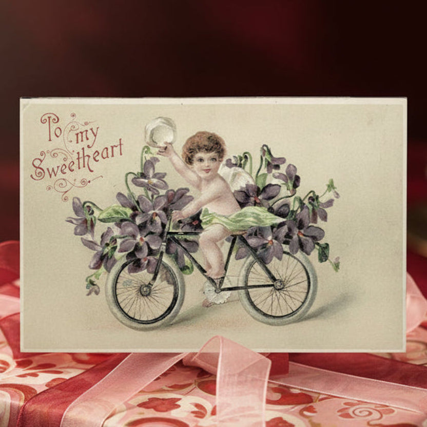 1908 Cupid Delivers Flowers Bicycle Antique Vintage Valentine Postcard.