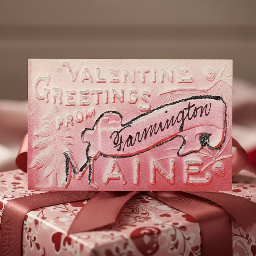 1909 Farmington Maine Embossed Airbrushed Valentine Vintage Postcard.