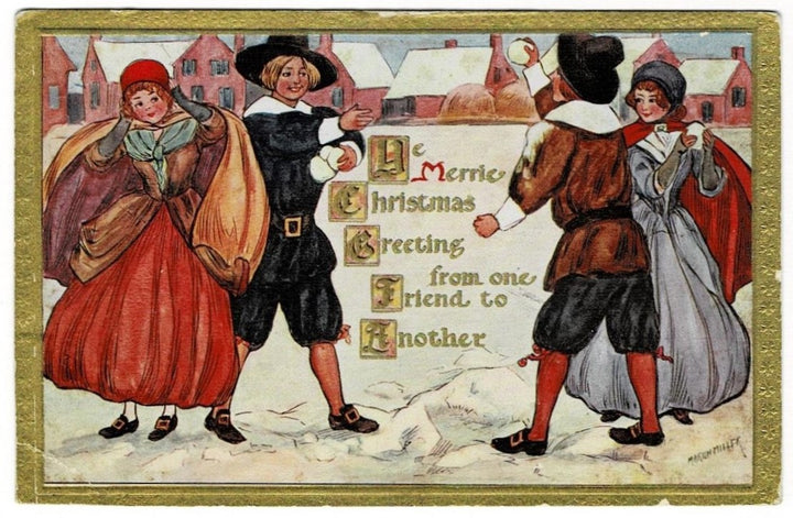 1912 Renaissance Christmas Snowball Fight Artist Signed Vintage Postcard