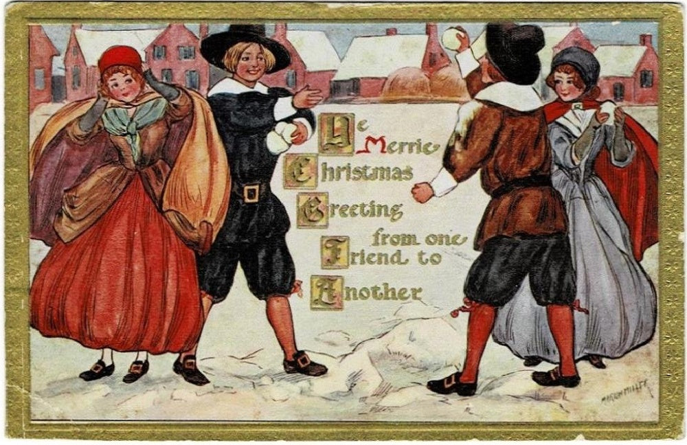 1912 Renaissance Christmas Snowball Fight Artist Signed Vintage Postcard