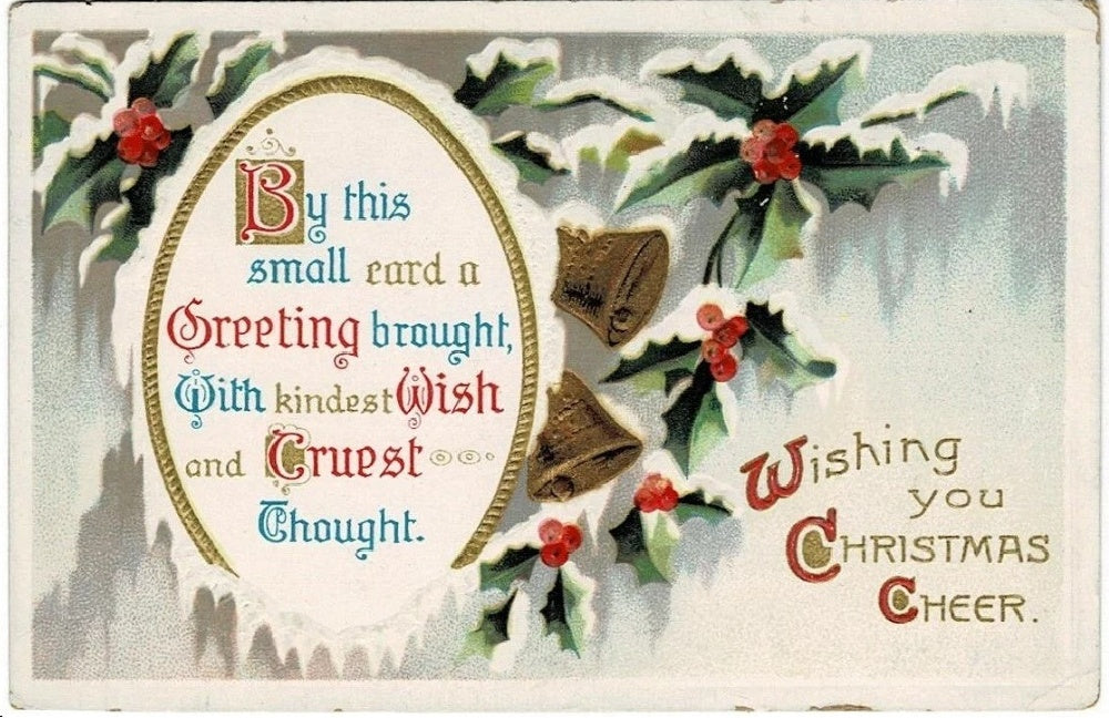 1911 Gilded Bells & Holly Traditional Vintage Christmas Postcard.
