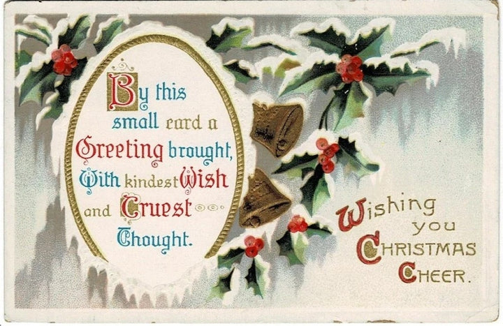 1911 Gilded Bells & Holly Traditional Vintage Christmas Postcard.