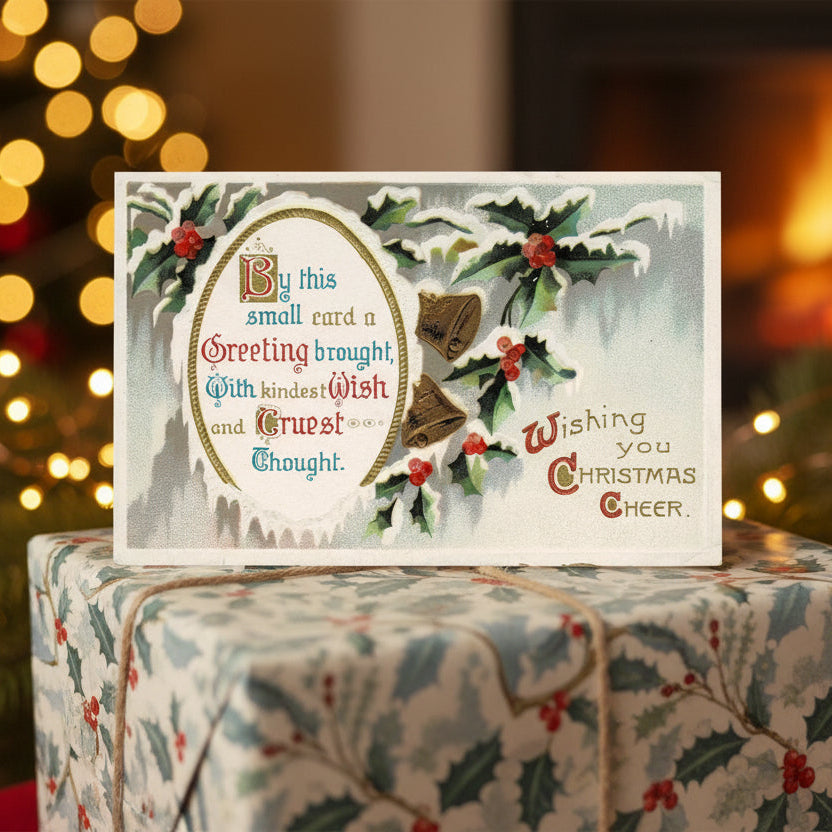 1911 Gilded Bells & Holly Traditional Vintage Christmas Postcard on a wrapped gift with blurred lights in the background