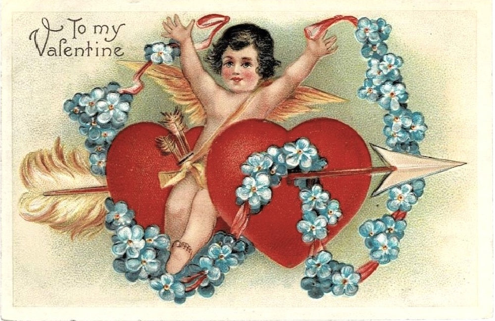 1909 Cupid Forget-Me-Not Flowers Hearts Vintage Valentine Postcard.