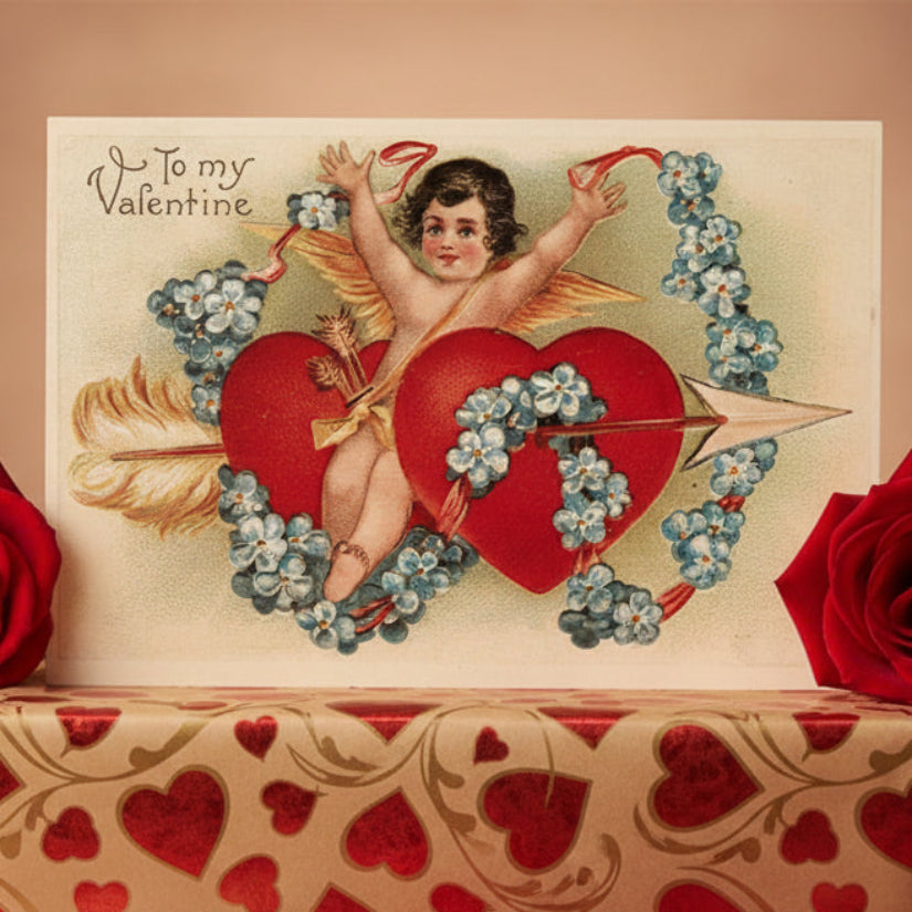 1909 Cupid Forget-Me-Not Flowers Hearts Vintage Valentine Postcard.