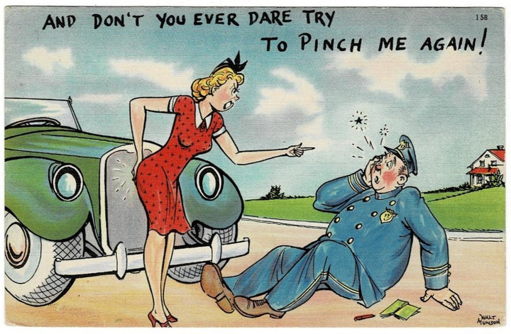 1940 Woman Pinched by Police Double Entendre Comic Vintage Postcard