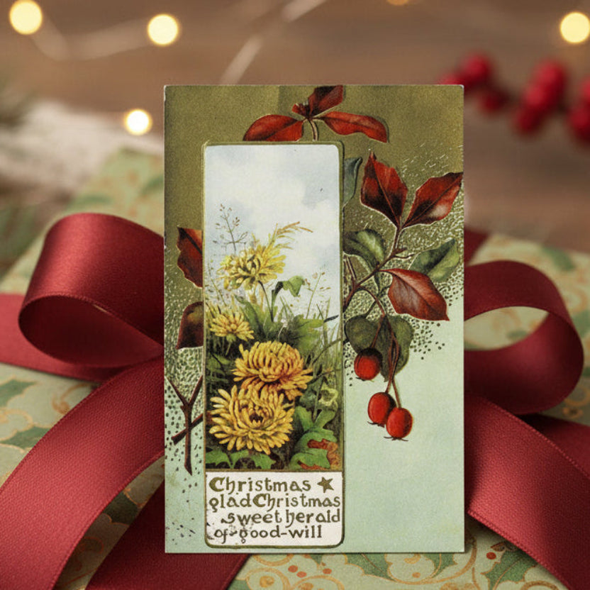 1909 Christmas Chrysanthemums, Language of Flowers, Vintage Postcard, gift topper.