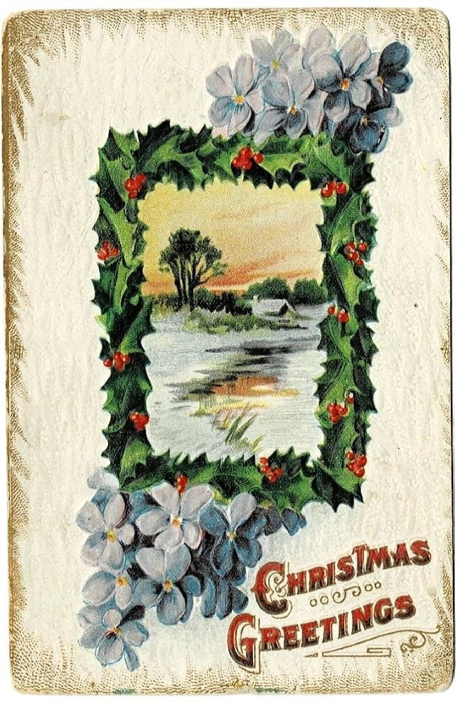 1909 Forget-me-not Wintery Pastoral Antique Vintage Christmas Postcard.