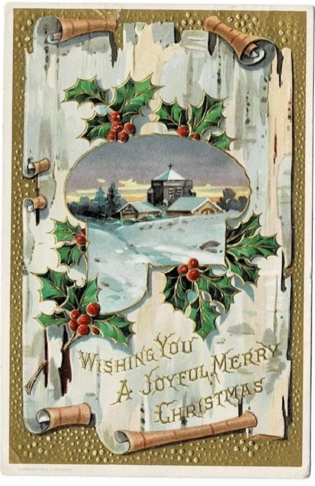 1912 Winter's Charm: A birch Beauty Gilded Vintage Christmas Postcard.