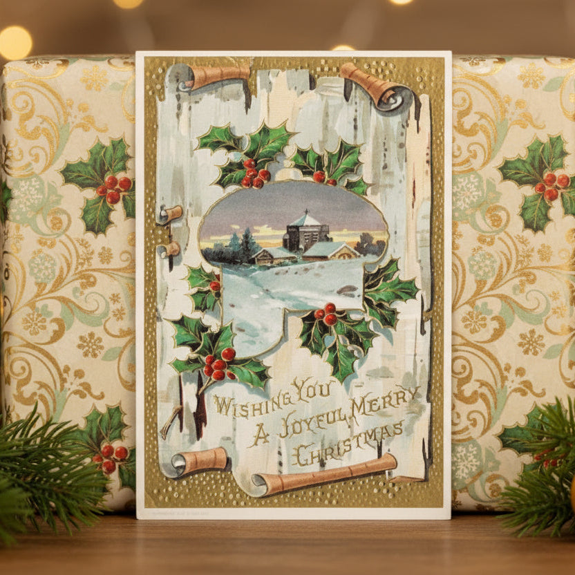 1912 Winter's Charm: A birch Beauty Gilded Vintage Christmas Postcard, as gift topper.
